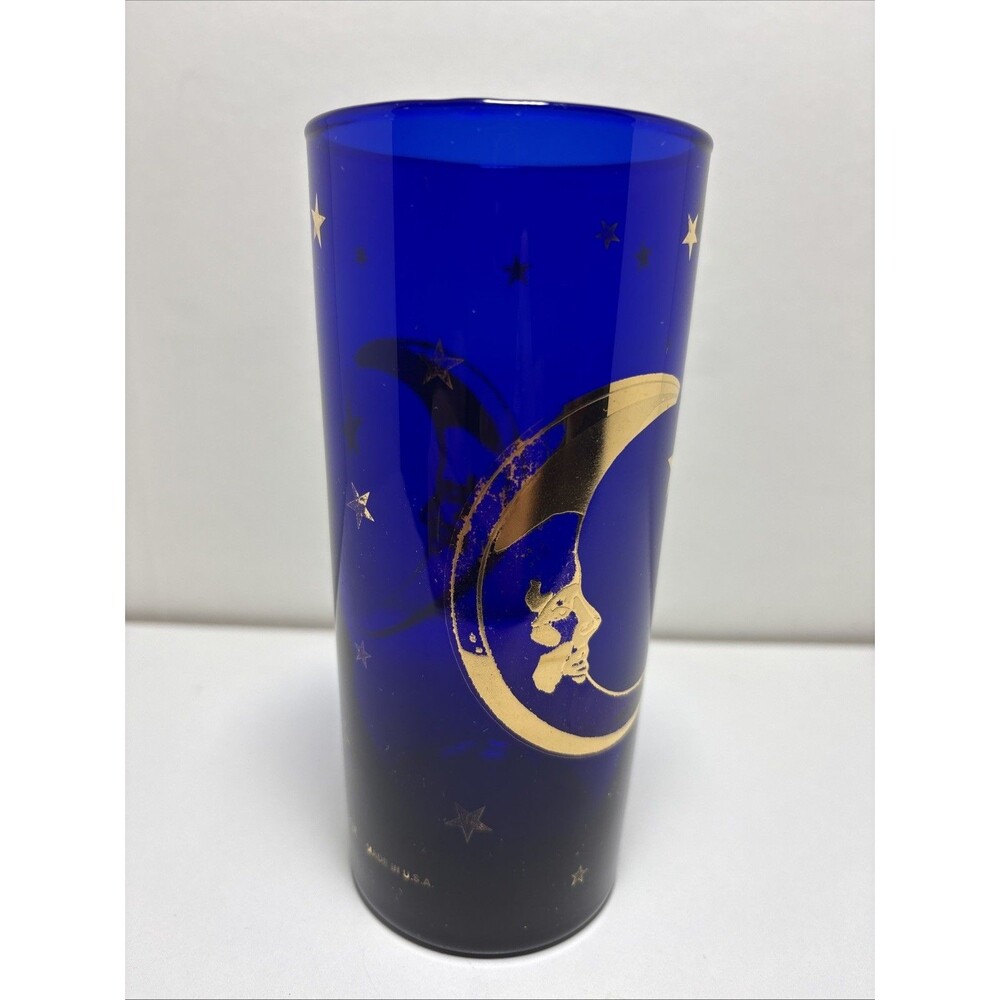 Vintage Culver Cobalt Blue Tall Glass, Celestial Gold Stars & Moon, 6.25” 16 oz